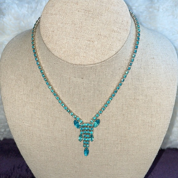 Vintage Aqua Blue Rhinestone Tasseled Necklace. 16”. - Picture 1 of 4